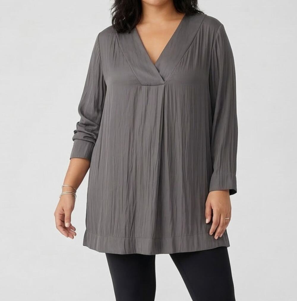 Lane Bryant Plus 24 Silver Gray Long Sleeve V Neck Satin Tunic Shoulder Pads